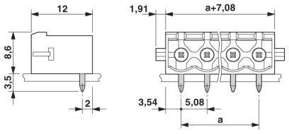 Rysunek techniczny elektryczny dwubiegunowej listwy zaciskowej z wymiarami i pozycjami otworów w milimetrach.