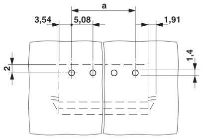 Rysunek techniczny przedstawia dwie równoległe linie z trzema otworami w centrum. Wymiary: szerokość 3,54 i 5,08 mm, wysokość 1,91 i 1,4 mm.