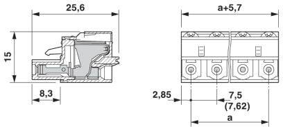 Rysunek techniczny elementu elektrycznego o wymiarach 25,6 mm x 15 mm, głębokość 8,3 mm. Przedstawia dwa gniazda umieszczone obok siebie.