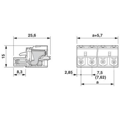 Rysunek techniczny elementu elektrycznego o wymiarach 25,6 mm x 15 mm, głębokość 8,3 mm. Przedstawia dwa gniazda umieszczone obok siebie.