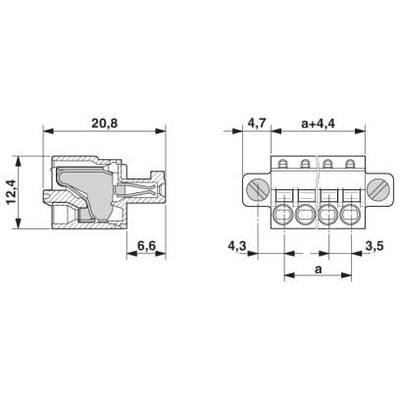 Rysunek techniczny złącza z wymiarami: 20,8 x 12,4 x 6,6 mm po lewej stronie; po prawej stronie z odstępami i rozmiarami styków.