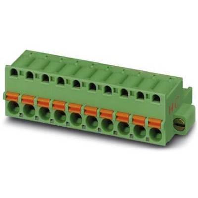 Zielony elektryczny blok przyłączeniowy z dziesięcioma gniazdami i pomarańczowymi zaciskami do mocowania przewodów.