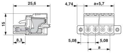 Rysunek techniczny złącza elektrycznego z wymiarami w milimetrach: szerokość 25,6 mm, wysokość 15 mm, głębokość 8,3 mm.