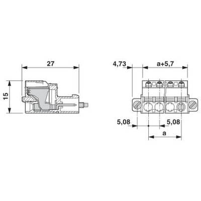 Rysunek techniczny złącza z wymiarami: L 27 mm, H 15 mm, B 4,73 mm, pozostałe wymiary: a+5,7 mm, 5,08 mm.