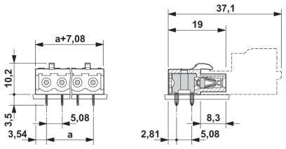 Rysunek techniczny złącza z wymiarami w milimetrach; szerokość: 37,1 mm, wysokość: 10,2 mm, głębokość: 13,54 mm.