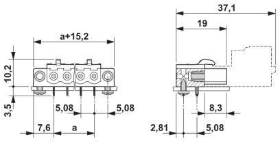Rysunek techniczny złącza z wymiarami. Przedstawia widok z przodu i z boku z podanymi parametrami, takimi jak 37,1 mm szerokości i 10,2 mm wysokości.
