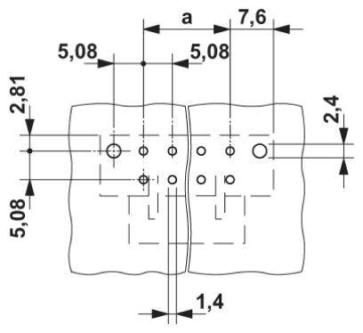 Schemat płytki prototypowej z zaznaczonymi odległościami: 7,6, 5,08, 2,81 i 2,4 mm. Przedstawiono różne pozycje otworów.