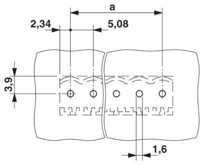 Rysunek techniczny dwóch połączonych elementów z wymiarami: długość 'a' 5,08 mm, szerokość 3,9 mm, odległość 1,6 mm i 2,34 mm.