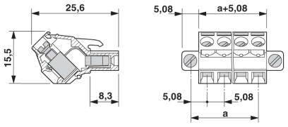 Rysunek techniczny złącza: wymiary 25,6 mm x 15,5 mm; rozstaw pinów 5,08 mm. Przedstawiono widok boczny i czołowy.