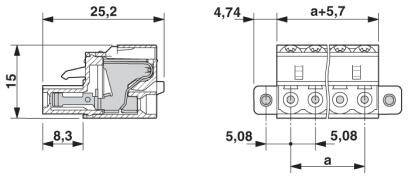 Rysunek techniczny złącza z wymiarami: 25,2 mm x 15 mm x 8,3 mm. Dwa gniazda z rozstawem 5,08 mm.