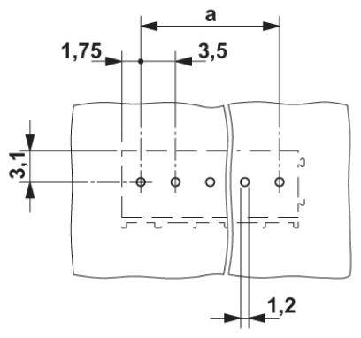 Rysunek techniczny dwóch przylegających do siebie elementów z otworami. Wymiary: odległość pozioma 3,5 cm, pionowa 1,75 cm i 1,2 cm, wysokość całkowita 3,1 cm.