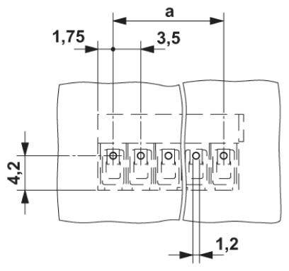 Rysunek techniczny złącza z wymiarami: szerokość 3,5 mm, wysokość 4,2 mm, odstępy 1,75 mm i 1,2 mm.