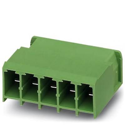 Zielony wtyk plastikowy z pięcioma otworami przyłączeniowymi, odpowiedni do połączeń elektrycznych, na białym tle.