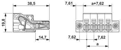 Rysunek techniczny złącza z wymiarami: 38,5 mm długości, 19,8 mm wysokości, 14,7 mm szerokości oraz 7,62 mm rozstawu rastra.