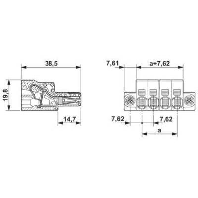 Rysunek techniczny złącza z wymiarami: długość 38,5 mm, szerokość 19,8 mm, rozstaw pinów 7,62 mm.