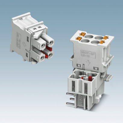 Dwa białe elektryczne złącza wielostykowe, jedno ustawione pionowo, a drugie poziomo.