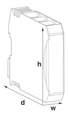 Rysunek liniowy kompaktowego, prostokątnego modułu o wymiarach wysokość (h), głębokość (d) i szerokość (w), typowo stosowanego w szafie sterowniczej.