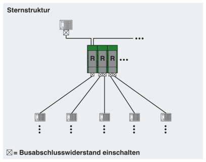 Diagram struktury gwiazdy z wieloma wzajemnie połączonymi urządzeniami. Uwaga dotycząca aktywacji rezystora terminującego magistralę.