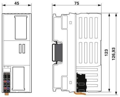 Rysunek techniczny prostokątnego urządzenia elektrycznego o wymiarach 45 x 75 x 126,93 mm. Przedstawia widok z przodu i z boku.
