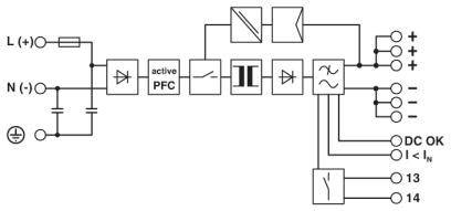 Diagram obwodu elektrycznego z aktywną korekcją współczynnika mocy (PFC), który przekształca prąd przemienny na prąd stały. Zawiera symbole transformatora, prostownika i filtra.