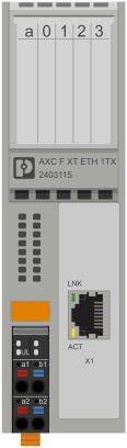 'AXC F XT ETH 1TX 2403115'. Urządzenie z interfejsem Ethernet, wskaźnikami LED i oznakowaniem.