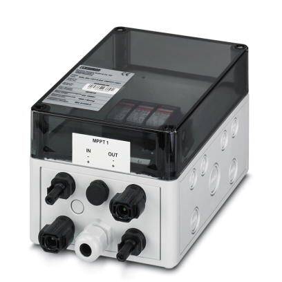 Prostokątowa obudowa elektryczna z wieloma zaciskami, przezroczystą pokrywą i etykietą 'IN - OUT'.