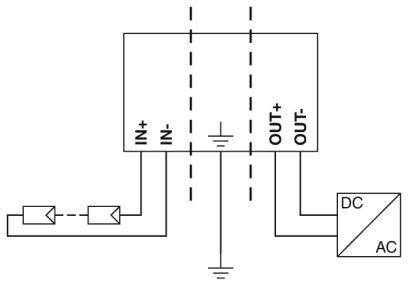Schemat elektryczny z zaciskami: 'IN+', 'IN-', między diodami a kondensatorem, oraz 'OUT+', 'OUT-', podłączonymi do przetwornika DC/AC.