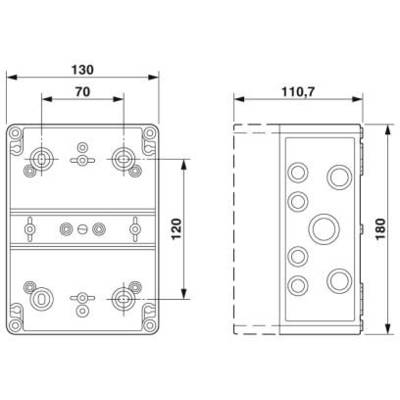 Rysunek techniczny prostokątnej płyty metalowej o wymiarach: 130x120 mm oraz 180x110,7 mm. Zaznaczone różne otwory montażowe.