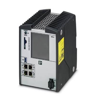 Przemysłowy moduł sterujący z wieloma złączami Ethernet, wyświetlaczem i żebrami chłodzącymi na górnej powierzchni. Odpowiedni do zastosowań automatyzacyjnych.