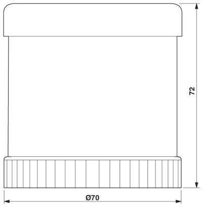 Rysunek techniczny cylindrycznego pojemnika z pokrywą. Wysokość 72 mm, średnica 70 mm; karbowany brzeg.