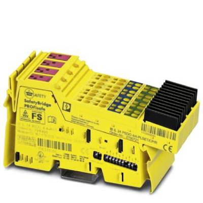 Żółty elektroniczny moduł bezpieczeństwa z wieloma złączami, z napisem 'SafetyBridge PROFIsafe', stosowany w zastosowaniach przemysłowych.