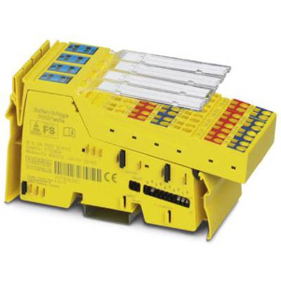 Żółty moduł elektroniczny z wieloma złączami i oznaczeniami, prawdopodobnie przekaźnik bezpieczeństwa do zastosowań przemysłowych.