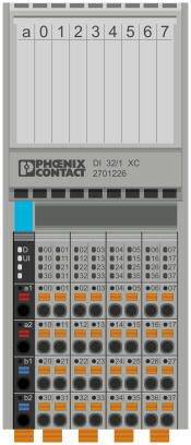 Szary moduł urządzenia elektrycznego firmy Phoenix Contact z napisem 'DI 32/1 XC'. Posiada osiem ponumerowanych zacisków od 0 do 7.