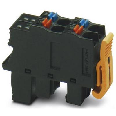 Blok złącza z tworzywa sztucznego z pomarańczową dźwignią z boku i kolorowymi złączami u góry; do połączeń elektrycznych.