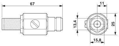 Rysunek techniczny części mechanicznej z wymiarami: długość 67 mm, średnica 13,4 mm, szerokość 15,8 mm.