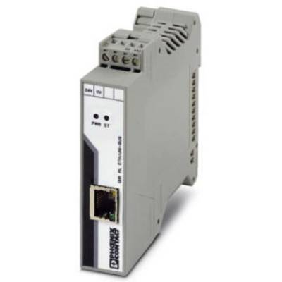 Szary, pionowy sprzęt elektroniczny z gniazdem Ethernet oraz wielokolorowymi złączami w prawym górnym rogu.