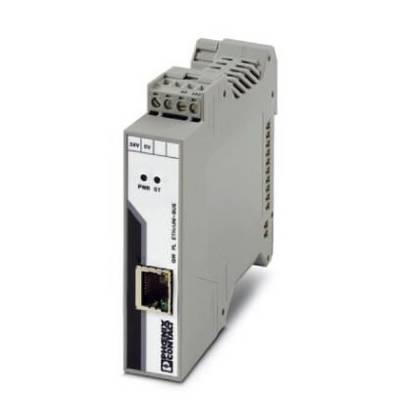 Moduł elektroniki przemysłowej z interfejsem Ethernet, szczelinami wentylacyjnymi i diodami statusowymi, przeznaczony do zastosowań w szafach sterowniczych.