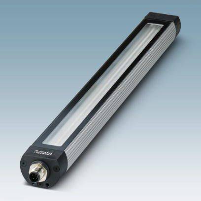 Prostokątna lampa LED w czarnej obudowie o metalicznej powierzchni z złączem na jednym końcu.