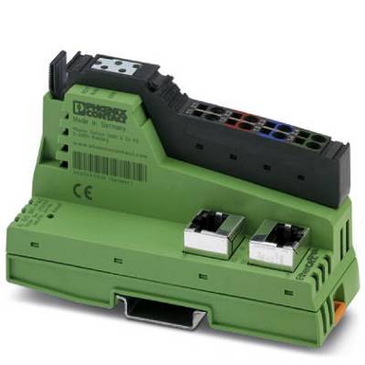 Zielone urządzenie elektroniczne z gniazdami przyłączeniowymi i czarną górną częścią, przeznaczone do stosowania w instalacjach szaf sterowniczych.