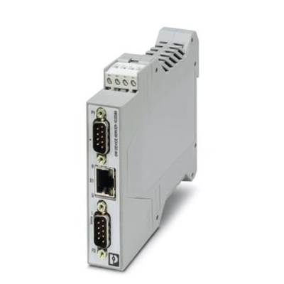 Szary elektryczny moduł komunikacyjny z wieloma złączami, w tym Ethernet oraz dwiema interfejsami RS-232.