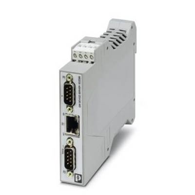 Urządzenie przemysłowe z interfejsami Ethernet i szeregowymi, przeznaczone do montażu na szynie DIN, do integracji w systemach automatyki.