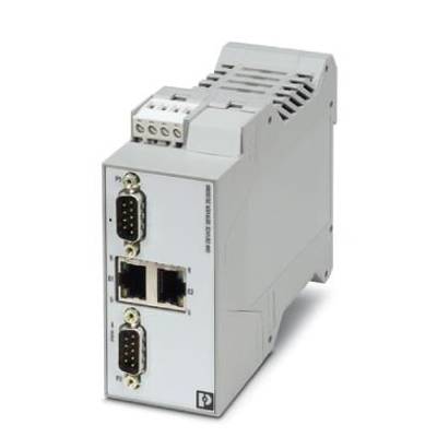 Urządzenie elektroniczne z wieloma opcjami podłączenia, w tym portami szeregowymi i złączami Ethernet, przeznaczone do zastosowań przemysłowych.
