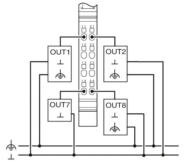 Schemat przedstawia pionową listwę z połączeniami do czterech wyjść: OUT1, OUT2, OUT7, OUT8. Symbol uziemienia w lewym dolnym rogu.