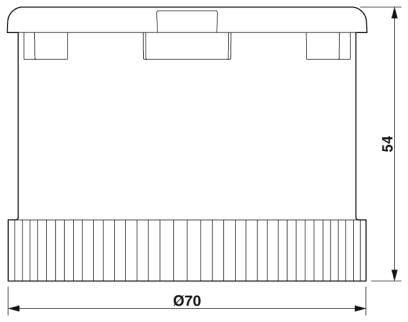 Techniczny rysunek cylindrycznego pojemnika z pokrywką. Średnica wynosi 70 mm, a wysokość 54 mm.