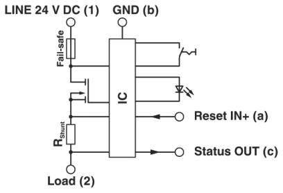 'Schemat elektryczny zintegrowanego układu scalonego (IC) z 24 V DC linią wejściową, GND, zabezpieczeniem awaryjnym, wejściem Reset IN+ oraz wyjściem statusu OUT.'
