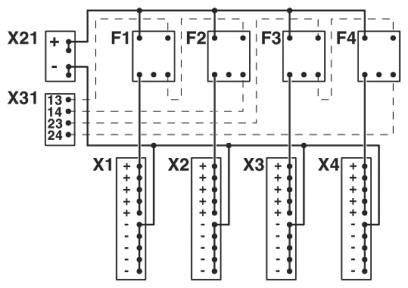 Schemat połączeń X21 i X31 z czterema jednostkami (F1 do F4), każda z przyłączami X1 do X4.
