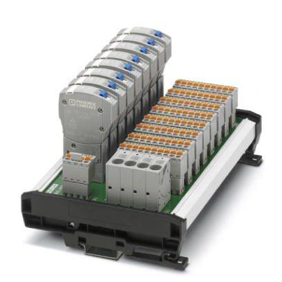 Elektroniczny system modułowy z złączami i pomarańczowymi zatrzaskami. Przeznaczony głównie do szaf sterowniczych lub zastosowań elektronicznych.