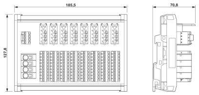 Rysunek techniczny elektrycznej szafy sterowniczej z wymiarami. Widok z góry i z boku. Zaznaczone 185,5 mm i 70,8 mm.
