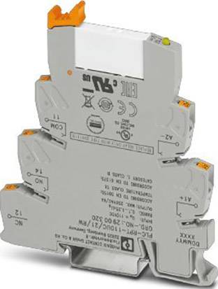 Szary elektryczny blok zaciskowy z pomarańczowymi elementami sterującymi i oznakowaniem.