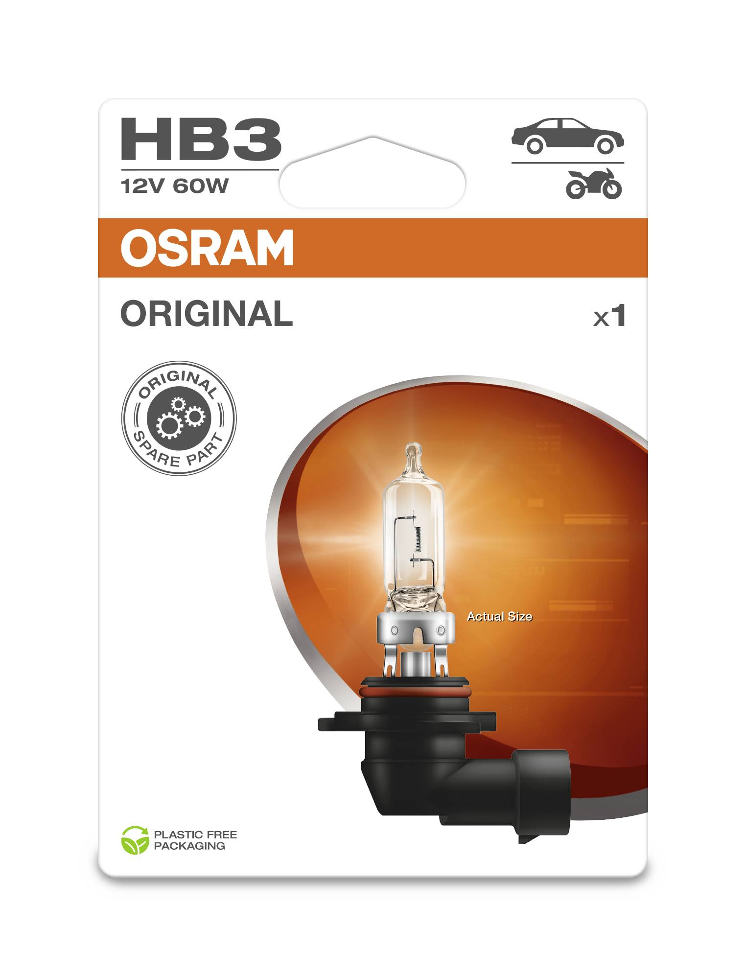 Żarówka Osram HB3 12V 60W w opakowaniu, odpowiednia do samochodów i motocykli, z oznaczeniem 'Oryginalna część zamienna' i opakowaniem wolnym od plastiku.